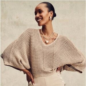 Chico's Open Knit Cotton Poncho Sweater Crochet Relaxed Boho Layering Soft Shawl